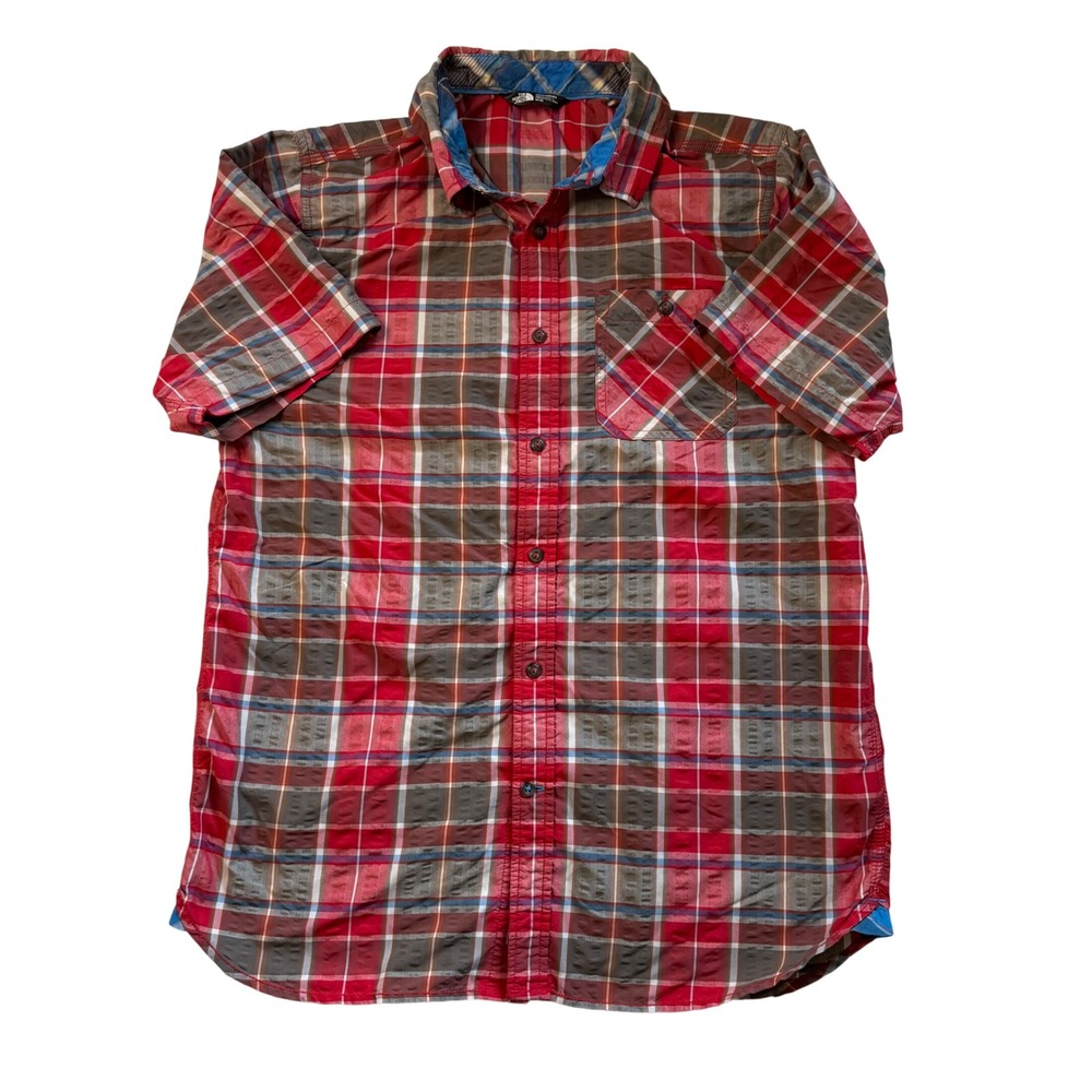 The North Face Mens Short Sleeve Plaid Button Down Shirt Red Brown CEY2 Size M